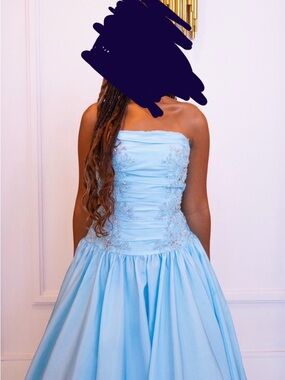 Strapless Light Blue Satin Ball Gown with Embellished Bodice